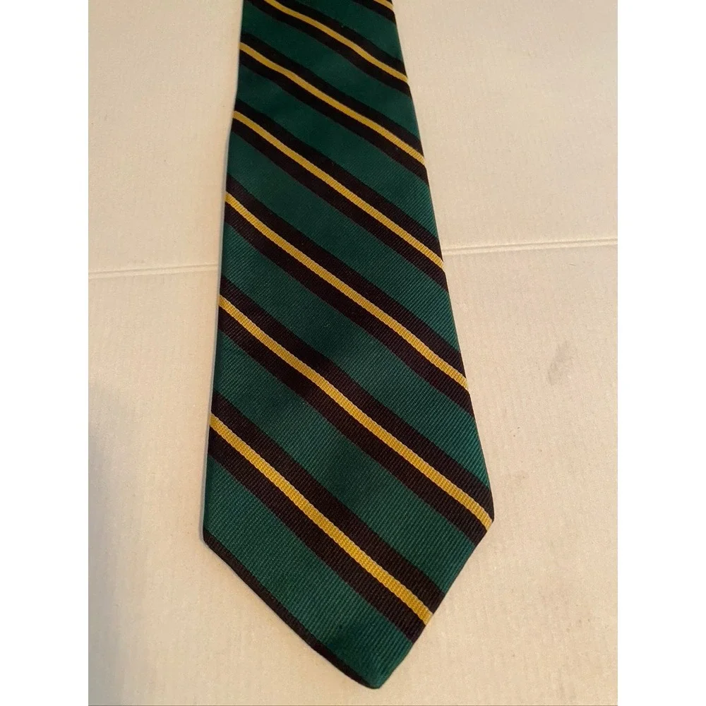 Ben Silver Charleston London Silk Tie Green Navy Gold Striped Hand Made Mens